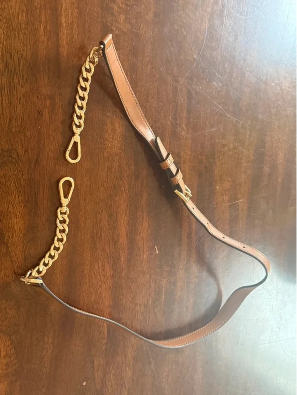 Michael Kors adjustable clip – on 44 inch pocketbook/purse strap, gold and tan